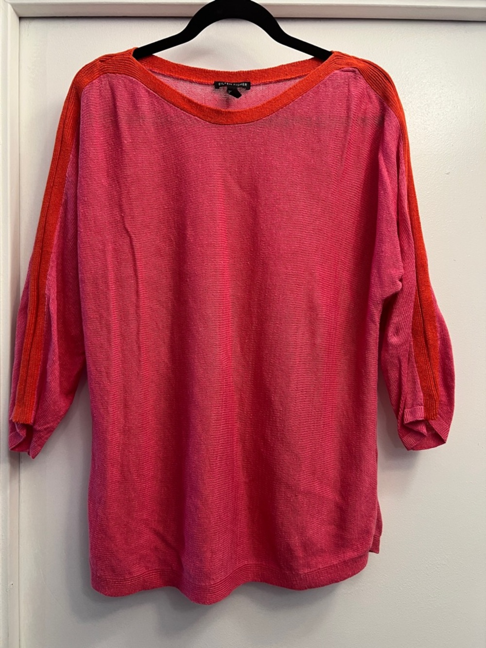 Eileen Fisher 100% Organic Linen Pink & Orange Boatneck Knit Top Size Large